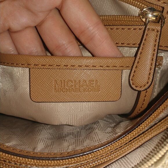 Michael Kors Tan MK Logo Canvas Shoulder Bag W/Brown Leather Trim - Medium Sized - Picture 12 of 15